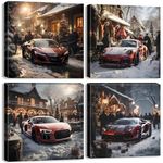 Winter Street Canvas Wall Art Red Lamborghini Posters Snowy Landscape Super Car Pictures Artwork for Office Men Boys Bedroom Decor Vintage Cool Paintings Family Christmas Home Decorations 12x12” 4Pcs