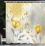 Ambesonne Yellow Shower Curtain, Autumnal Feels Flowery Blooms with Gentle Leaves on Aquarelle Look Back, Cloth Fabric Bathroom Decor Set with Hooks, 69" W x 70" L, Dark Sea Green Mustard