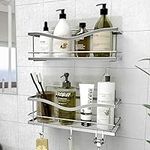 KINCMAX Shower Caddy Basket Shelf Pack of 2 - Adhesive Drill-Free Home Kitchen or Bathroom Storage - Hanging Shower Shelves for Inside Shower - Organiser w/ Hooks as Accessories