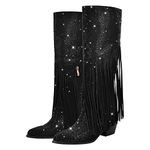 Richealnana Calf High Knee High Boots for Women Sparkle Rhinestones Clear Gems Shining Comfortable Tabs Pull-On Boots Fringe Tassel, Tassel Black, 8