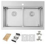 AZUNI Ledge Workstation Sink 31.25 inch 18 Guage Topmount Double Bowl Kitchen Sink with Grids, Luxury Basket Strainers, Drain Basket and Cutting Board, Deep Stainless Kitchen Sink C432L