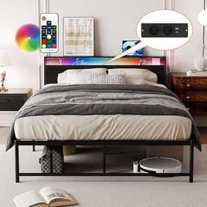 BEXEVUE Cadre de Lit avec Multiprise Intégrée - 140x200 cm Simple Moderne LED Cadre Lit en Fer Métal, Solide Durable, Montage Facile pour Grands Espaces Chambre Salon Domicile Homme Femme