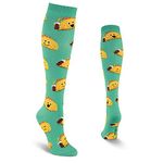 K. Bell Socks Women's Food and Drink Fun Novelty Crew Socks, Happy Tacos (Teal), Shoe Size: 4-10