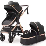 StarAndDaisy Baby Strollers / Pram For 0 To 5 Y Girl & Boy With Foldable Design, Easy To Convertible Seat & Sleep Mode Reversible Bassinet, 5 Point Safety Belt, Washable - (Black With Golden Tubes)