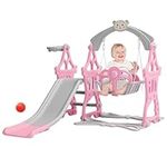 FUKEA Kids Slide, Large Toddler Swing and Slide Set with Storytelling Machine, Basketball Hoop Garden Climbing Frames, 4-in-1 Garden Slide for Toddlers Age 1-3 Indoor & Outdoor(Light Pink)