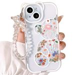 NITITOP Compatible for iPhone 15 Case Clear Cute Flower Floral Bear for Girls Women Pattern with Chain Lanyard Wrist Strap Soft TPU Shockproof Protective Girly - Bear