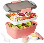 Salad Container for Lunch, SWKIEN 68 oz Salad Bowl with 5-Compartment, Bento Lunch Box Container with 2pcs Salad Dressing Container to Go, Large Leak-Proof Bento Box Adult Lunch Box, BPA-Free (Pink)