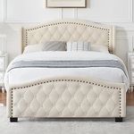 GAOMON Queen Size Upholstered Platform Bed Frame with Tall Headboard, Luxurious Velvet Button Tufted and Nailhead Trim Wingback, Arched Footboard, No Box Spring Needed, Beige