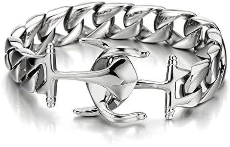 COOLSTEELANDBEYOND Exquisite Stainless Steel Mens Marine Anchor Curb Chain Bangle Bracelet Silver Color Polished