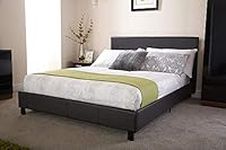 Home Source - Modern Low Black Faux Leather Bedstead Bed Frame with Wooden Slats - Small Double