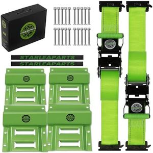 Heavy Duty Wheel Chock Tie Down Straps Set (2PK) - 4,400lb Guaranteed Max Break Strength, (2) 2" x 6' Trailer Tire Straps with (4) Wheel Chocks for ATV, UTV or Tractors