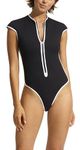 Seafolly Women's Standard Cap Sleeve Zip Front One Piece Swimsuit, Beach Bound Black, 10