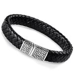 FIBO STEEL Stainless Steel Magnetic Clasp Braided Leather Bracelet for Men Cuff Bracelet 7.5 inches Black