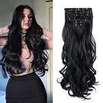 Miss Lirenn® 7 PCS Full Head Clip in Hair Extensions 24" Long Curly Synthetic Thick Hair Extension Wavy Hairpiece for Women Girls (Black)