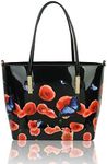 Eye-Cathing Glossy Patent Vegan Leather Floral & Butterly Print Large Tote Hobo Handbag Shopper Shoulder Bag For Women (Black)