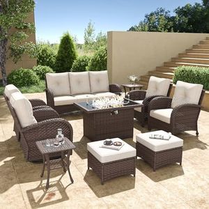 Aeeiua 10 Pieces Wicker Patio Furniture Set with Fire Pit Table, Luxury Outdoor Conversation Set with High Back Swivel Rocker Chairs