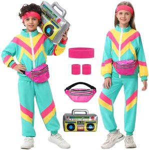 Ezuwail Kids 80s 90s Outfit for Boys Girls 6Pcs Unisex Retro Windbreaker for Toddler Workout Hip Hop Dance Tracksuit Costume Sets for Sportswear Streetwear