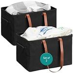 Navaris Collapsible Laundry Bin - Set of 2 - Foldable Clothes Basket - Small Slim Wash Bin - Double Hamper for Lights and Darks - Washing Up Bag Bins - Black