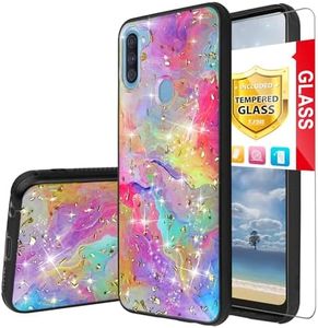 TJS Phone Case for Samsung Galaxy A11 (Not Fit Galaxy A10/A10S/A10E), with [Full Coverage Tempered Glass Screen Protector] Shiny Flake Glitter Skin Full Body Soft TPU Rubber Bumper Cover (Rainbow)