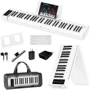 Rhymo Folding Piano Keyboard, 61 Keys Sensitive Electric Piano, Semi-Weighted Portable Electric Keyboard with Bluetooth MIDI, Digital Foldable Keyboard for Beginners(White)