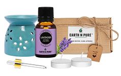 Earth N Pure Diffuser Gift Set | Pack of - 1 Lavender Essential Oil Therapeutic Grade - 15ml, 1 Ceramic Aroma Diffuser/Burner, 2 Tealight Candles 1 Glass Dropper | for Home Décor