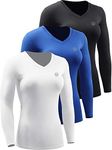 Neleus Women's 3 Pack Compression Shirts Long Sleeve Yoga Athletic Running T Shirt, V-Neck: Black/Blue/White,3 Pack, Small