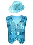 easyforever Boys Girls Sequins Hip-Hop Street Dance Shirt Vest Waistcoat Jacket with Hat Party Performance Costume Light Blue 3-4 Years