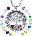 GOKING Family Tree of Life Floating Locket Necklace with 24 Birthstones, 30mm Diy Charms Living Memory Stainless Steel Pendant, Gifts for Mom Grandma Aunt Nieces Daughter Women