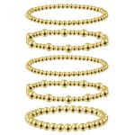 Emibele Gold Beaded Bracelet 5 Pcs, 14K Gold Plated Bracelets Set Gold Stretch Bead Ball Bracelet Stack, Stackable Gold Bracelets for Women