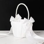 Wedding Flower Girl Flower Basket with Cute Pearl Handle Bow Satin Flower Basket for Wedding Decoration and Wedding Gifts (Off White)