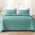 Whale Flotilla Quilt Set Twin Size, Soft Microfiber Lightweight Bedspread Coverlet Bed Cover (Wave Pattern) for All Seasons, Turquoise, 2 Pieces (Includes 1 Quilt, 1 Sham)