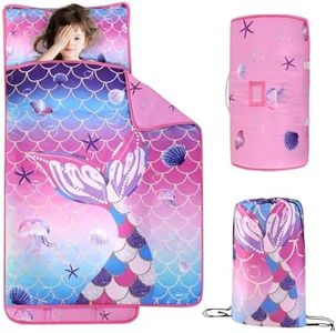 Wowelife Mermaid Toddler Nap Mat with Pillow, Mermaid Toddler Sleeping Bag for Girls, Preschool Nap Mats for Daycare, Kindergarten, Preschool, Sleepovers, Pink Purple