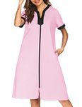 Ekouaer Housecoat Women Zipper Front Duster Robe Short Sleeve Lounger Housedress Pockets Nightgown Casual Nights S-XXXL, Pink, Small