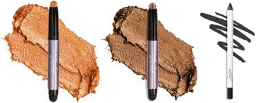 Julep Eyeshadow 101 Crème-to-Powder Eyeshadow Stick Duo + When Pencil Met Gel Sharpenable Multi-Use Longwear Eyeliner Pencil, 3pc Set - Bronze Shimmer, Soft Black & Marmalade Shimmer