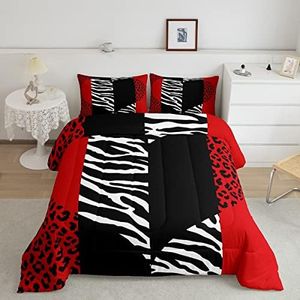 Leopard Zebra Comforter Set King Size,Wild Animals Skin Bedding Set 3pcs for Teens Adults Room Decor,Red Black Geometric Striped Heart Quilt Set Romantic Microfiber Duvet Insert with 2 Pillowcases