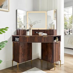 T4TREAM 48" Fluted Makeup Vanity Desk with HD Triple Mirror and Lights, Large Lighted Corner Vanity with Glass Top, Modern Dressing Table with 3 Drawers & 2 Cabinets for Bedroom, Walnut