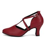 TINRYMX Women Ballroom Dance Shoes Closed Toe T-Strap Character Modern Latin Salsa Tango Waltz Performance Dancing Shoes, QJW-L272-Red-7,US 8