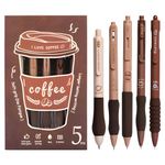 WISHKEY Stylish Retractable Pens for Kids, Coffee Theme 0.5mm Stationery Gel Pen Set for Girls & Boys, Smooth Writing Quick Dry Ink Elegant Pen for School Office Supplies, Blue Ink, 8+Years (Set of 5)