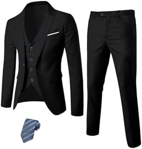 YND Men's Slim Fit 3 Piece Suit Set with Stretch Fabric, One Button Blazer Vest Pants, Solid Party Wedding Dress, Jacket Waistcoat and Trousers with Tie Black