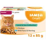 IAMS Delights Complete Wet Cat Food for Senior 7+ Cats Meat and Fish Variety in Gravy Multipack 12 x 85 g Pouches