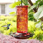 Juegoal 28 oz Glass Hummingbird Feeders for Outdoors, Red Wild Bird Feeder with 5 Feeding Ports, Metal Handle Hanging for Outdoor Garden Tree Yard