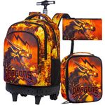 3pcs Rolling Backpack for Boys, Kids Roller School Backpack with Wheels, Teens College Dragon Wheeled Bookbag with Lunch Box (Fire)