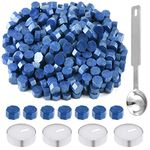 Bouiexye 500 Pcs Octagon Sealing Wax Beads Sky Blue Wax Seal Beads Wax Seal Kit with 4 Pcs Tea Candles and 1 Pcs Wax Melting Spoon for Crafts Letter Wine Greeting Cards Sealing