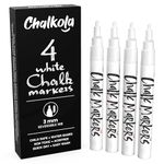 Fine Tip White Chalk Pens - Pack of 4 Chalk Markers - Use on Chalkboard, Windows, Blackboard, Signs, Glass, Bistro - Water Based Wet Wipe erasable Pen - 3mm Reversible Bullet & Chisel Tip