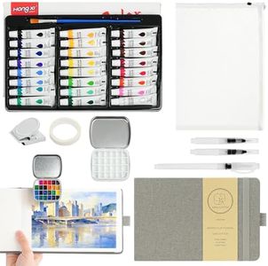 Vienrose Mini Portable Watercolor Palette Set for Travel & Outdoor Painting with 8.5" x 5.5" Linen Cover Watercolor Sketchbook, 24-Color Watercolor Paints, 3 Pens, Artist Tape & Storage Bag