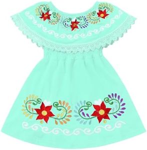 Mexican Dress For Girls Traditional Cinco de Mayo Fiesta Dress for Girls Sleeveless Off-shoulder Mexican Ethnic Floral Embroidered Dress Toddler Kids Vestidos Tipicos Mexicanos Mint Green 18-24 Months