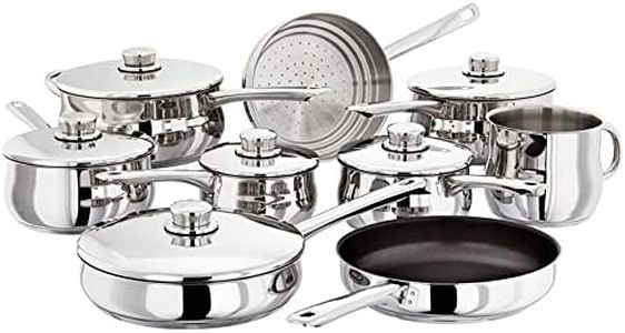 Stellar Classic Set of 9 Stainless Steel Pans, 6 Deep Saucepans with Lids, Steamer, Non-Stick Frying Pan, Milk Pot, Dishwasher Safe