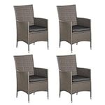 Outsunny 4 Pieces Outdoor PE Rattan Dining Chairs Set with Cushion, Garden Armchair with Armrests, High Backrest, Metal Frame Patio Wicker Furniture, Grey