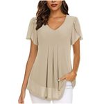 Generic Womens Chiffon Blouse Petal Short Sleeve Tshirts Casual V Neck Pleated Tops 2024 Summer Flowy Dressy Deal of The Prime of Day Today Beige