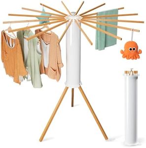 SKIKEN Cylinder Tripod Clothes Drying Rack, Octopus Drying Rack for Clothes, Compact Space Saving Master, 16 Expandable Rods, Solid Wood, Standing, Portable for Indoor, Rv, Home, Household